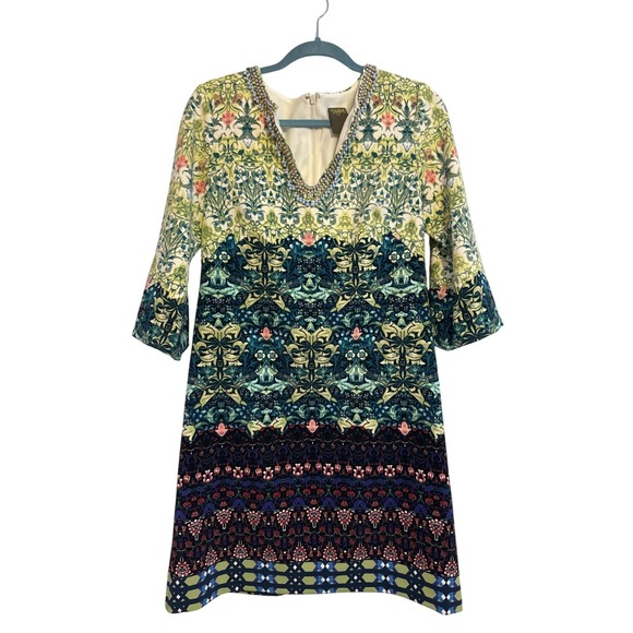Bohemian Floral Patterned Dress With Beaded Neckline & Back Zipper size 8 - Picture 2 of 7